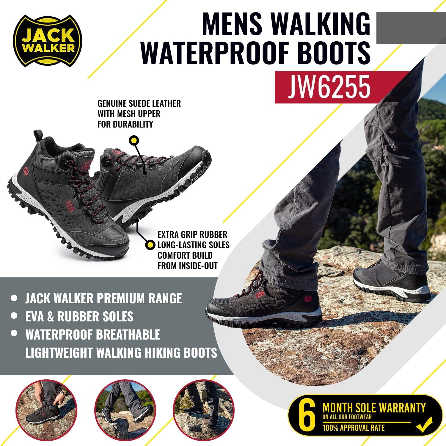 Mens Walking Waterproof Boots Lightweight Vent Breathable Hiking Trekking Shoes JW6255 7 UK Black