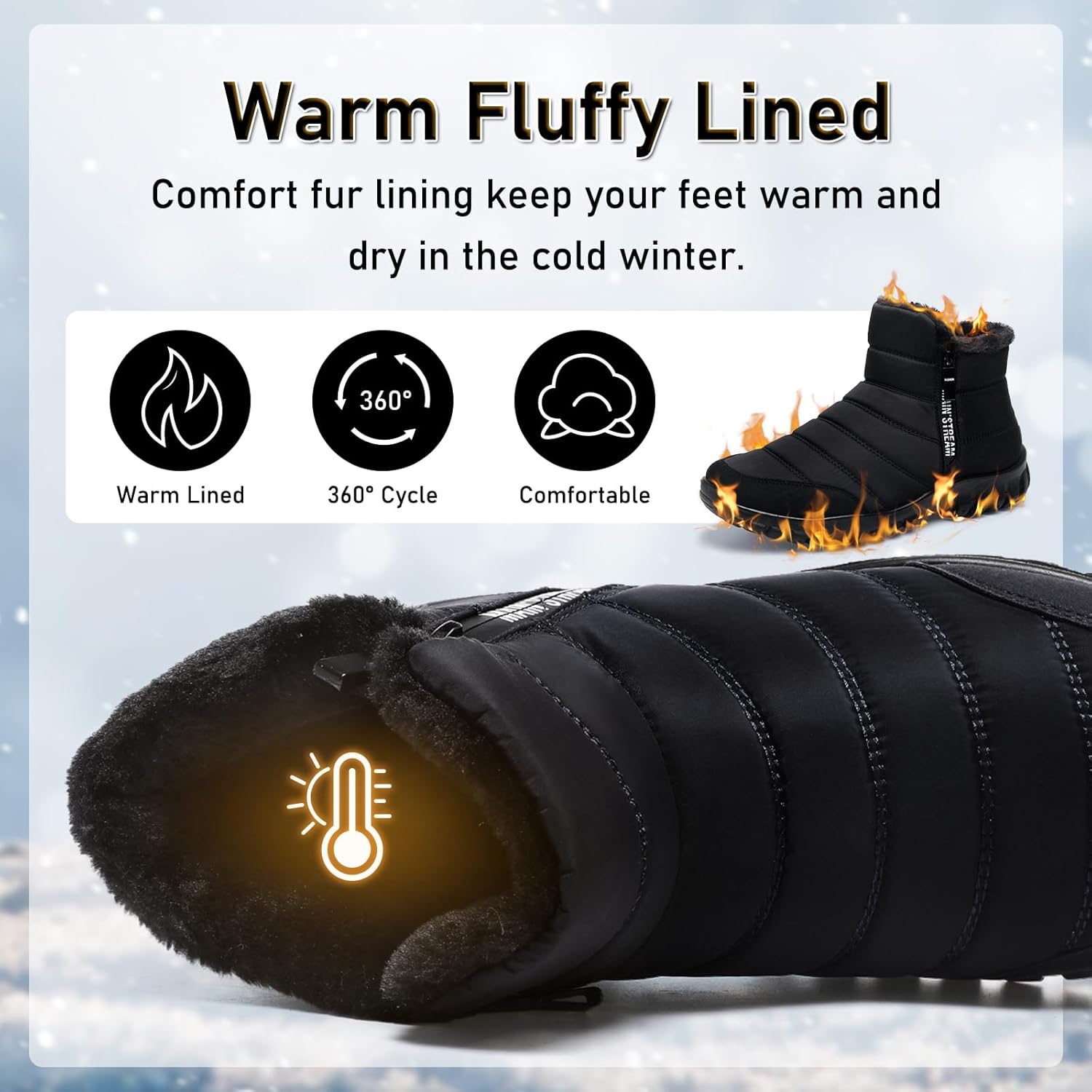 Snow Boots Men Winter Fur Lining Warm Ankle Booties with Zip Mid Calf Boots Thermal Anti-slip Outdoor Walking Hiking Shoes 9.5 UK Black