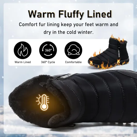 Snow Boots Men Winter Fur Lining Warm Ankle Booties with Zip Mid Calf Boots Thermal Anti-slip Outdoor Walking Hiking Shoes 9.5 UK Black
