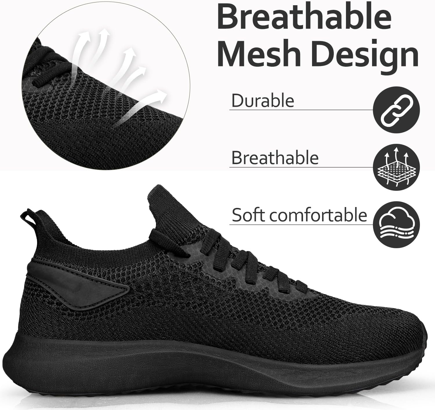 Mens Trainers Walking Running Shoes Mesh Slip On Lightweight Comfortable Athletic Fitness Fashion Training Sneakers Breathable Jogging Tennis Mesh Shoes Outdoor Pure Black 9 UK