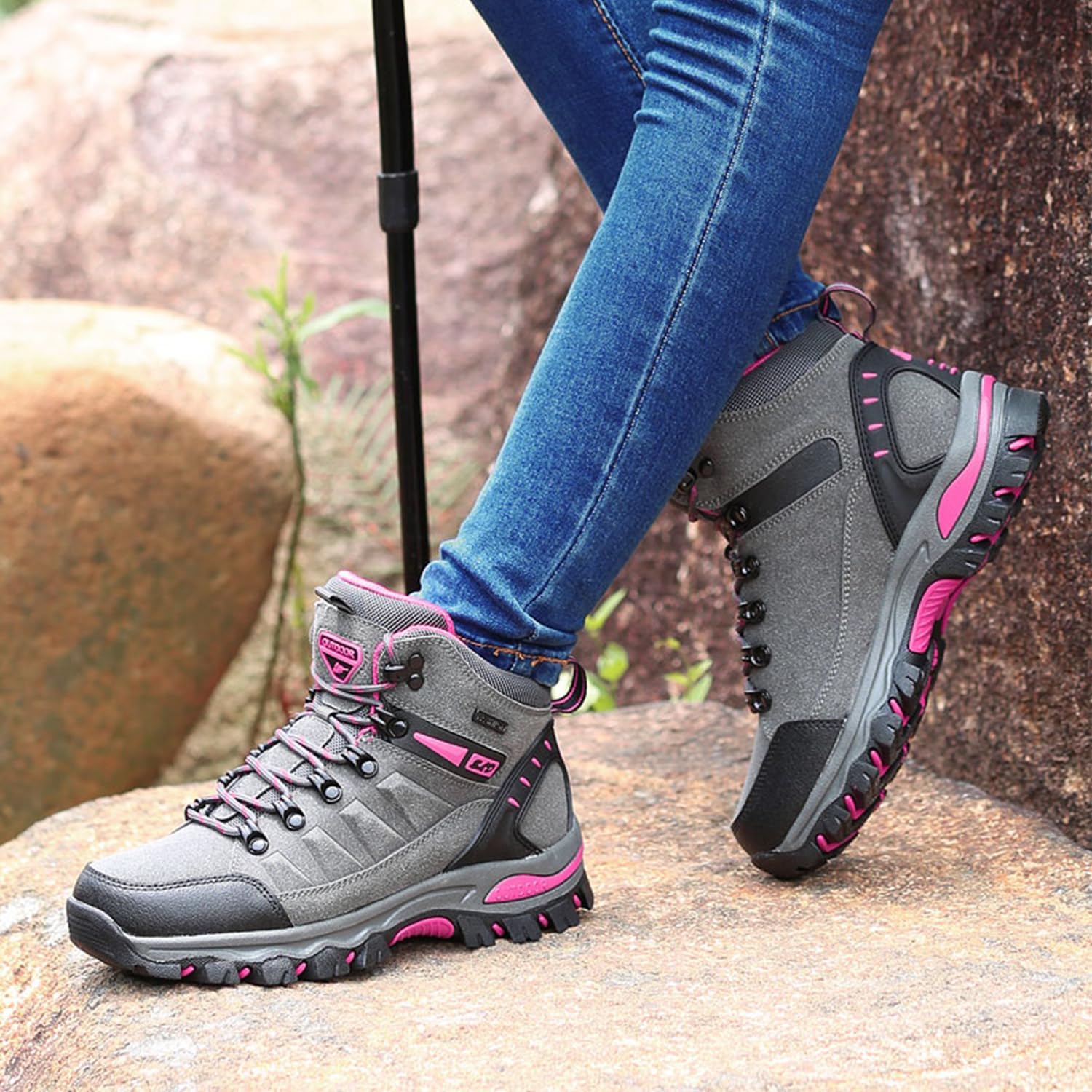 Hiking Boots Lace-up Waterproof Non-Slip Outdoor Men Women Mountain Trekking Shoes for All Season Walking Travelling Backpacking Camping Biking UK 5 UK 8019 Grey Rose Red