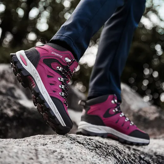 Hiking Boots Mens Womens Waterproof Walking Shoes Trainers Outdoor Lightweight Camping Climbing Shoes Sneaker Rose red 4.5UK