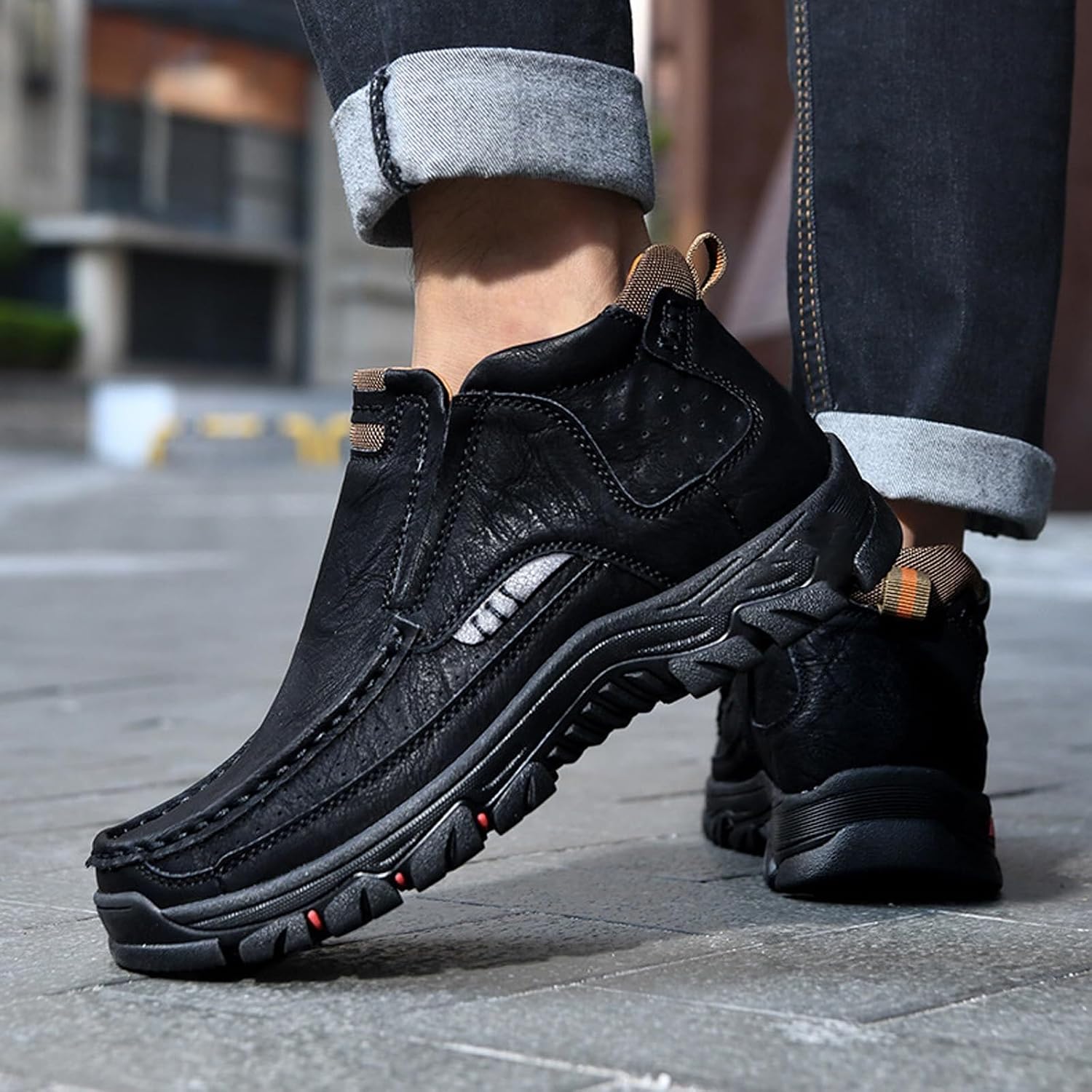 Men's Handcrafted Leather Waterproof Non-Slip Orthopaedic Ankle Boots,Non-Slip Dress Casual Walking Shoes,Loafers 8 UK Black