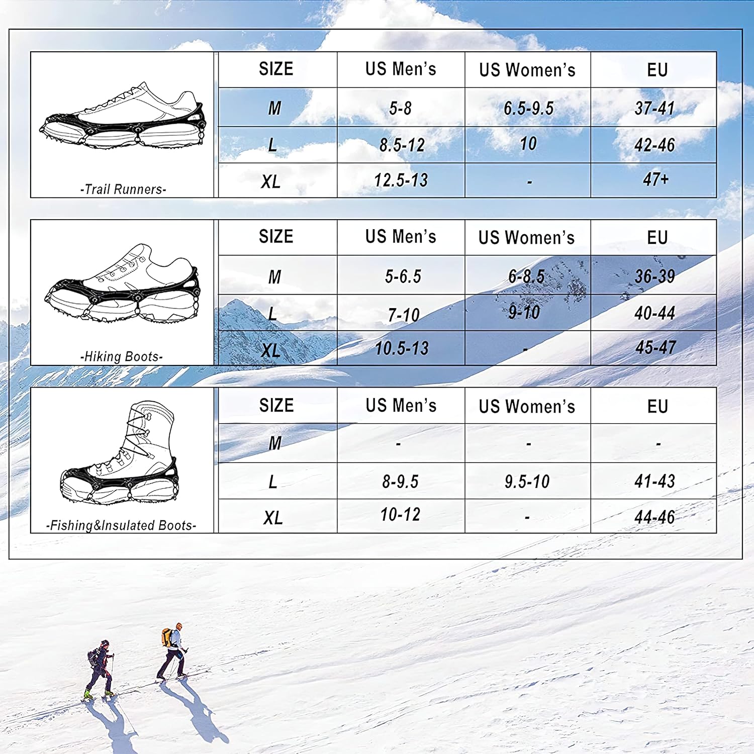 24 Spikes crampons Ice Cleats Traction Snow Grips Boot Chains Women Men Kids for Hiking Shoes and Boots Steel Anti Slip Hiking Fishing Walking Mountaineering XL Black